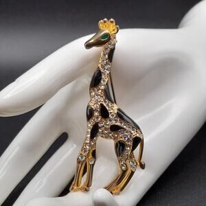 Vintage Giraffe Brooch, Black Enamel, 2 Green Eyes, Pave Rhinestones